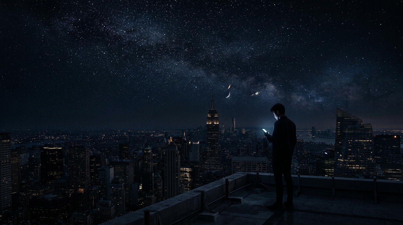 A silhouetted figure on a rooftop at night, city lights below and a vast starfield above